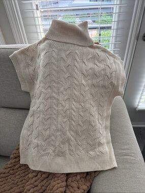 Allegra K Cream Cable-Knit Short-Sleeve Turtleneck Sweater